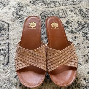 Yellow Box Brown Embellished Crossband Slide Mules